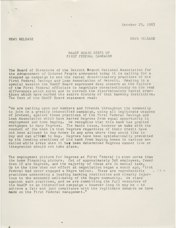 News release, NAACP Detroit Branch, discriminatory banking practices, 1963