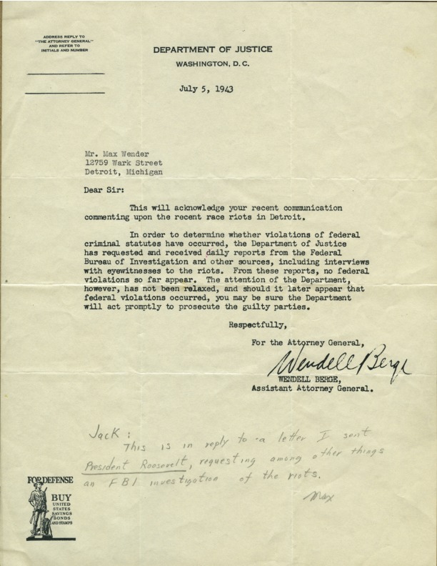 Letter from Wendell Berge to Max Wender, July 5, 1943
