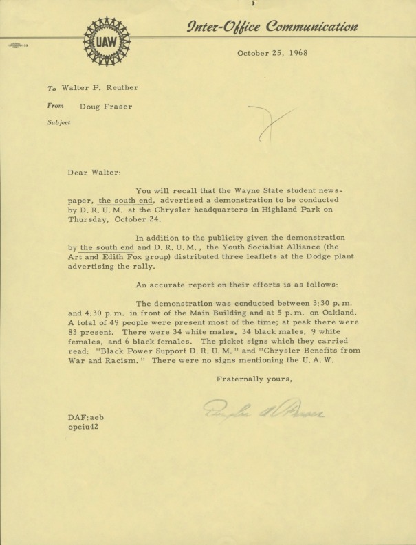 Letter to Walter P. Reuther from Douglas Fraser about DRUM