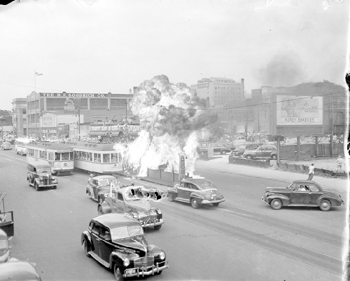 Overturned car on fire during the 1943 race riot.