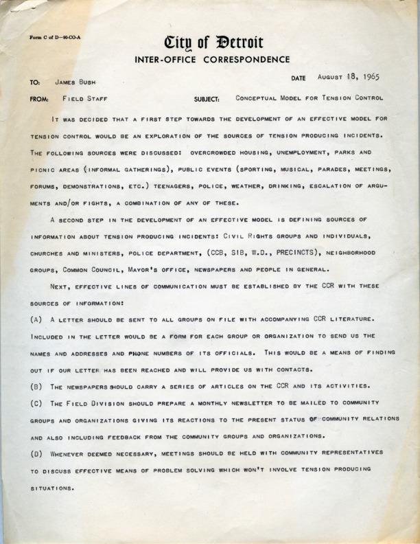 Memo from Detroit Commission on Community Relations field staff to James Bush, August 18, 1965