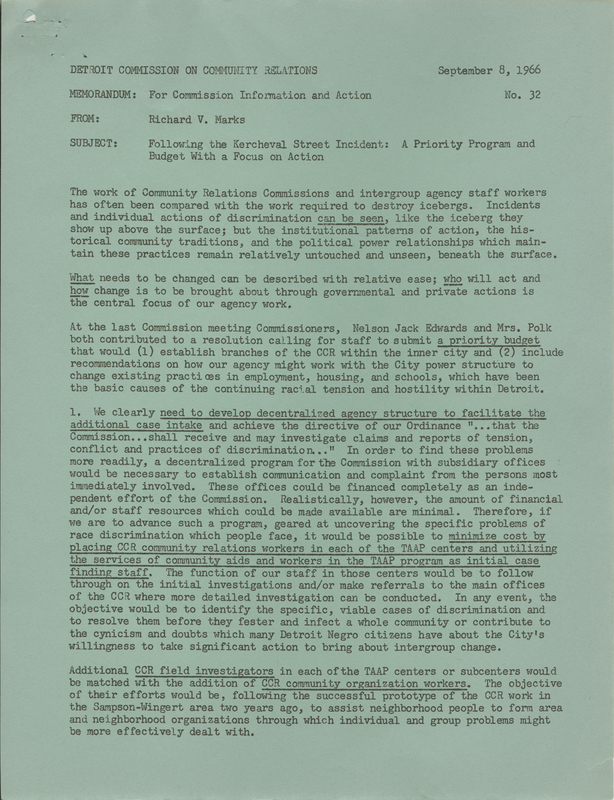 Memo from Richard Marks to the Detroit Commission on Community Relations, September 8, 1966