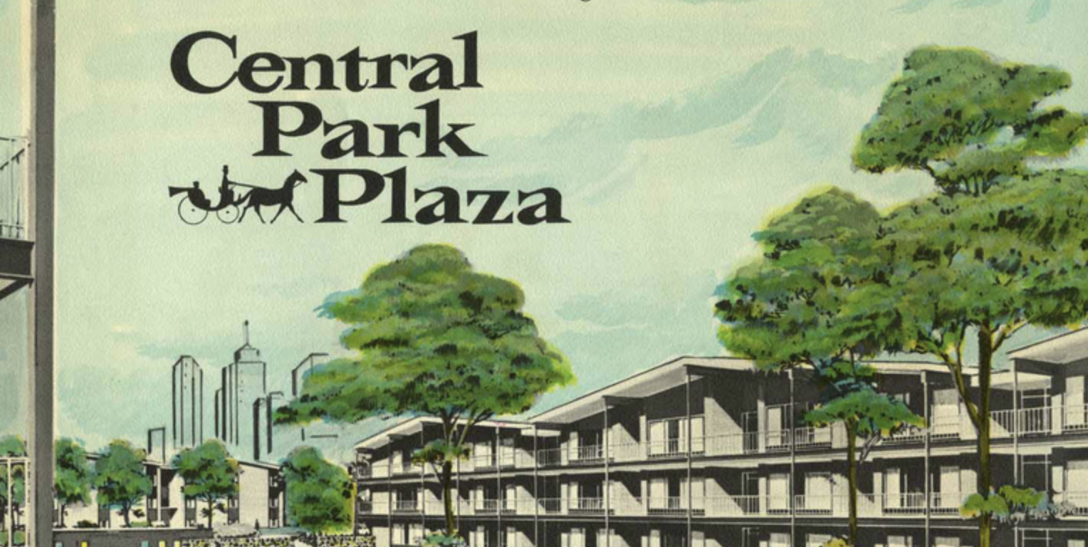 Partial view of drawn "Central Park Plaza" advertising brochure