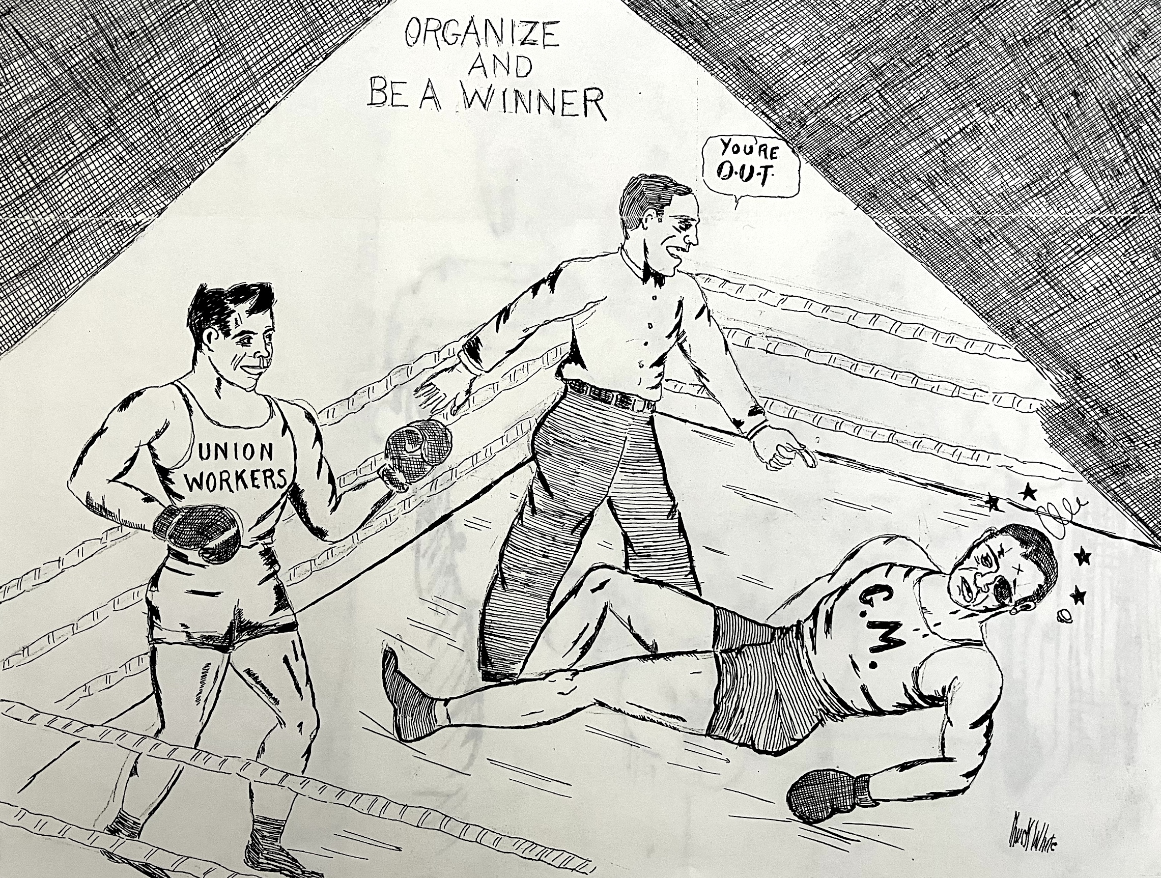 Political cartoon of a boxing match